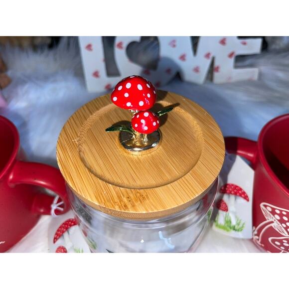 Seeds & Sunshine Mushroom Toadstool 2 Coffee Mugs & 1 Glass Mushroom Cannister - Picture 2 of 12